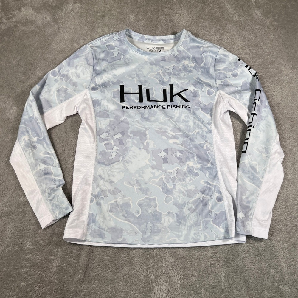 HUK Performance Fishing Shirt Mens Medium White Camo Blue Long Sleeve Activewear
